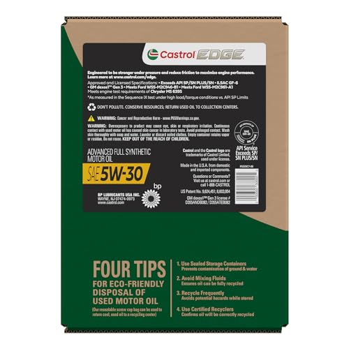 Castrol EDGE 5W-30 Advanced Full Synthetic Motor Oil, 5 Quarts, Eco Pack - size: 5 Quarts, Eco Pack