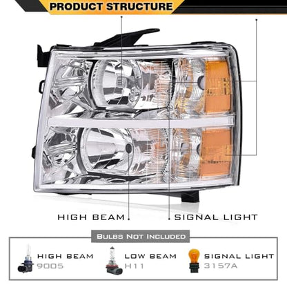 CNNELL Headlights Assembly Compatible with Chevy Silverado 1500 2007 2008 2009 2010 2011 2012 2013/2500 3500 2500HD 3500HD 2007 2008 2009-2014 Left+Right (Clear lens Chrome Housing Amber Reflector) - size: 2007-2013[Fit Chevy Silverado] Chrome