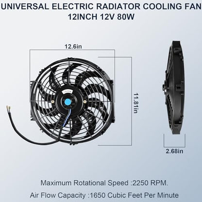 MuHize 12 Inch Radiator Cooling Fan Kit 12V 80W 1000 CFM Reversible 2 Pack - size: 2Pcs-12 inch
