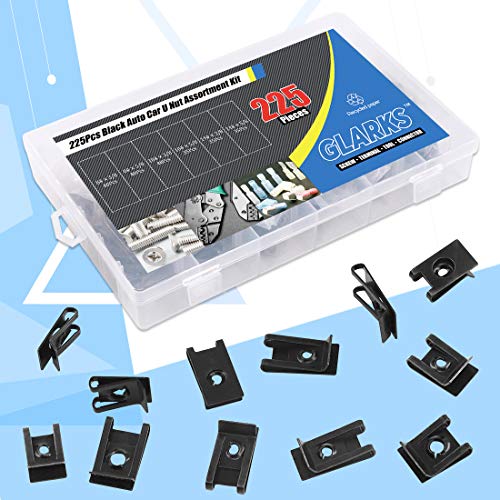 Glarks 225Pcs U Nut Assortment Kit, 6 Size Black Auto Car U Clips for Dash Door Panel Interior