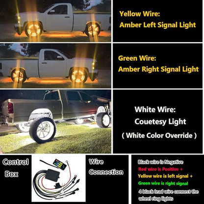 17in 6 Row Wheel Ring Lights Amber White Wheel Light with Amber Turn Signal White Courtesy Fuction,5964 LEDs Waterproof IP68 Rim Lights with APP RF Remote Control - size: 17in