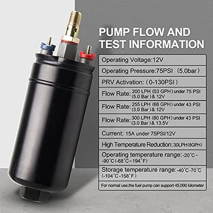 300LPH Inline Fuel Pump High Pressure 12V Electric Fuel Injection 10AN Inlet 8AN Outlet Universal High Flow External Fuel Pump Replace 580254044 HTRACING