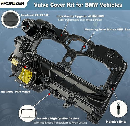 Upgrade Black Aluminum N20 Engine Valve Cover Kit with Gasket, Bolts & Oil Cap Compatible with 2012-2018 BMW 228i 320i 328i 328i GT xDrive 428i 528i X1 X3 X4 X5 Z4 2.0L Replaces 11127588412 264-517 - color: Aluminum Painted Black