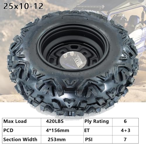 ATV/UTV Tires 25x10-12, 25x10x12 ATV Tires and Wheels Set, 6PR, 4x156 Bolt Pattern, 4+3 Offset, Compatible With UTV ATV Off-Road Vehicles, Set of 2