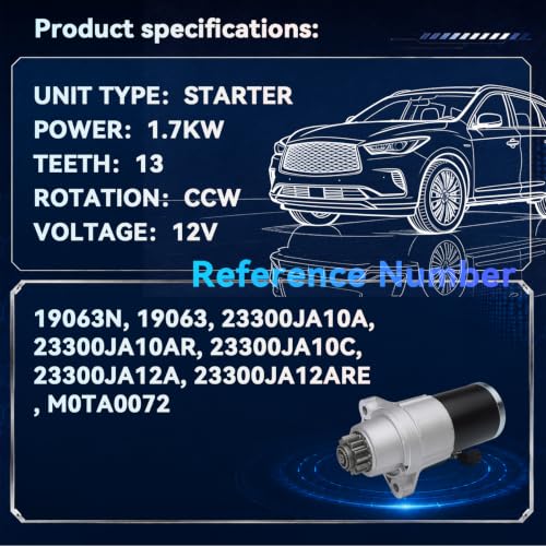 23300JA10A 19063N Starter Motor for 2007-2014 Nissan Altima, 2009-2014 Maxima Murano, 2013-2018 Pathfinder, 2011-2015 Quest & 2014-2018 Infiniti QX60, 2013 JX35, 3.5L, 12V 1.7KW 13 Teeth CCW - size: 23300JA10A