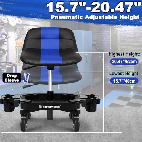Rolling Stool with Wheels, Adjustable Height Pneumatic Garage Work Mechanic Stool Seat with Backrest, 400 LBS Capacity 360° Swivel Mechanic Crepper Chair with Tool Tray Storage, Blue - color: Carbon Fiber Blue