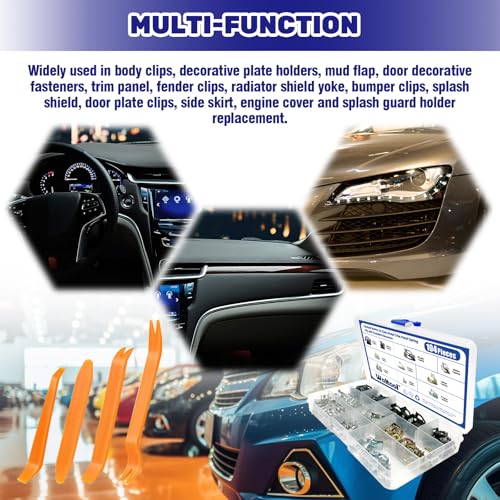 104Pcs Metal Auto Trim Panel Spring Clip Assortment Set with Removal Tools, 7.9/10/ 11/13.1/14.1/15.3/15.8/16/17.3/18.2mm Car U-Clip Moulding Fastener Compatible with Audi VW
