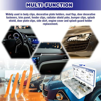 104Pcs Metal Auto Trim Panel Spring Clip Assortment Set with Removal Tools, 7.9/10/ 11/13.1/14.1/15.3/15.8/16/17.3/18.2mm Car U-Clip Moulding Fastener Compatible with Audi VW