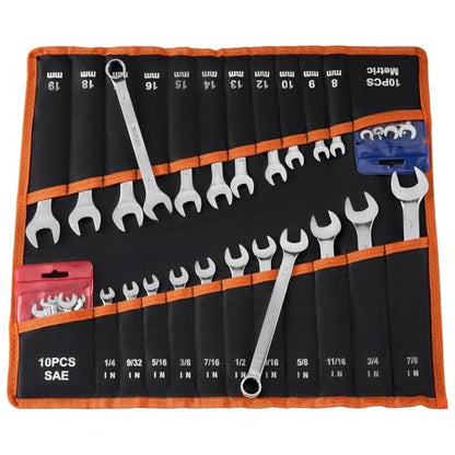 VEVOR Combination Wrench Set, 42-Piece SAE and Metric, 12-Point Box End and 15° Angled Open End Combination Wrenches with Roll Up Pouch, Carbon Steel, for General Household and Automotive Repairs - size: 42PCS