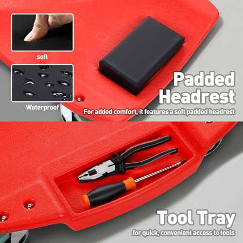 DNA MOTORING TOOLS-00238 48 Inches Heavy-Duty Low-Profile Roller Automotive Creeper with Padded Headrest, Red - color: Red, size: 48 Inches
