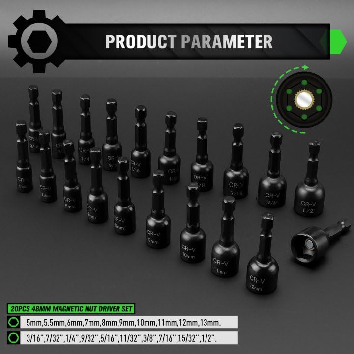 55-Piece Magnetic Nut Driver Set, Metric & SAE 1/4" Hex Shank, Impact Socket Adapters, Snappy Driver Bits, Drill Bit Extension, 14PCS Screwdriver Bit Set - color: Nut Driver Set Green