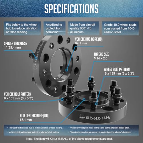Wheel Accessories Parts 2 Pcs Hub Centric Wheel Spacers 6 on 135mm 6x135mm 1.00 Inch Thick M14X2 14x2 Thread Stud Fits Ford F-150 Expedition ｜ Lincoln Navigator Mark LT - size: 1.00" Thick - 2 Pack, style: 2001-14 F150 Expedition