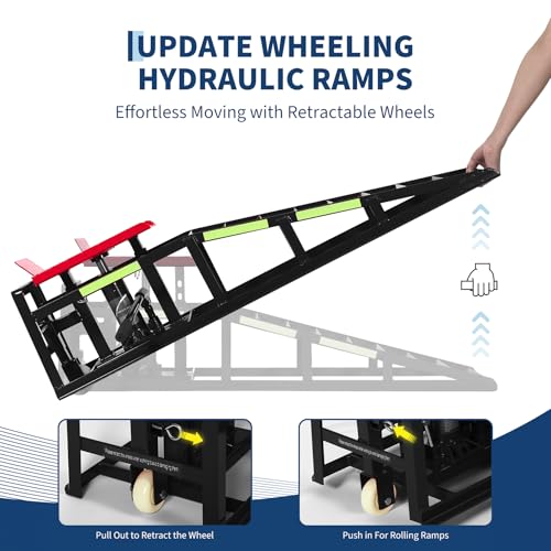 2PCS 5T Hydraulic Car Ramps, 11060 Lbs Heavy Duty Portable Vehicle Lift Ramps, Auto Hydraulic Service Ramps for Oil Change Vehicle Maintenance, Ideal for Home Garage Repair & Mens Gift - color: Red With Rolling Wheels