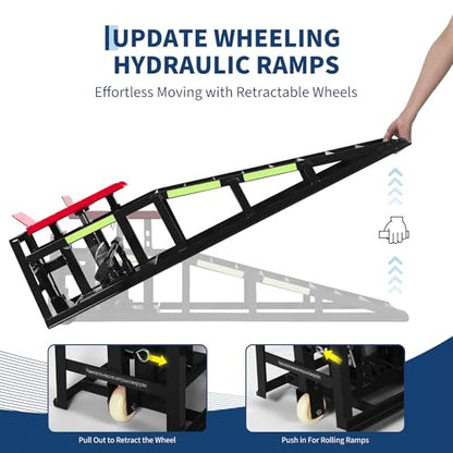 2PCS 5T Hydraulic Car Ramps, 11060 Lbs Heavy Duty Portable Vehicle Lift Ramps, Auto Hydraulic Service Ramps for Oil Change Vehicle Maintenance, Ideal for Home Garage Repair & Mens Gift - color: Red With Rolling Wheels