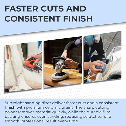 Sunmight Ceramic Film Multi-Hole Grip Discs – 100 Grit 6 Inch Sanding Discs Hook and Loop – High Dust Extraction, Fast Cutting & Durable – Polyester Film Backing for Automotive, Marine, Wood & Metal - size: 6 Inches