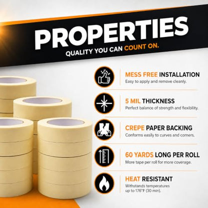 WOD MT5 Utility Grade Masking Tape, 1/4 inch x 60 yds. for Home or Office air-Dry Painting, Labeling, & Packing. Leaves no Residue - size: 1/4 inch, style: Roll