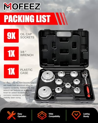 MOFEEZ Oil Filter Wrench Set, 10 Pieces Oil Filter Socket Set, 3/8" Drive Metric Oil Filter Cap Wrench Removal Tool Kit Compatible with Toyota VW BMW Mercedes