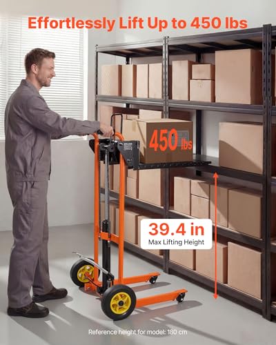 VEVOR Hydraulic Material Lift Winch Stacker, 450 lbs Load Capacity, Pallet Truck Dolly with Fork Lift Table, 39.4 Inches Max Lifting Height, Foldable & Portable Pallet Jack Table Cart, Orange & Black