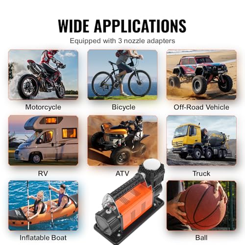 VEVOR 12V Portable Tire Inflator, 7.06CFM Heavy Duty Air Compressor, 150PSI Offroad Air Pump with Adapters for Car SUV RV Truck - Include 6.5FT Power Cord, 26FT Air Hose with Pressure Gauge, Carry Bag - style: 7.06CFM