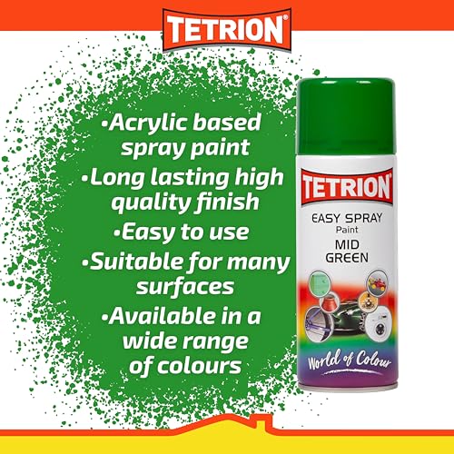 Tetrion Easy Spray Paint – Mid Green 400ml (Pack of 6) - All-Purpose Fast Drying Acrylic Spray for Wood, Metal, Plastic, Ceramic & More, Smooth Base Coat - Indoor & Outdoor Use, 13.5 Oz - color: Green - Mid, size: 13.53 Ounce (Pack of 6)