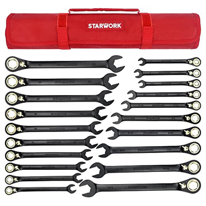 STARWORK TRUE MECHANIC™ 20 Pc. 120-Tooth Reversible Ratcheting Wrench Set, Combination Ratchet Wrench Set, Non-Slip, Long Pattern, 6-Point 15° Offset, Professional, SAE/Metric(5/16-3/4" & 8-19 mm)