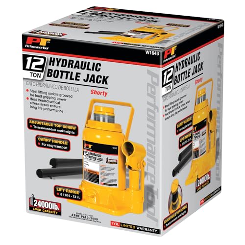 Performance Tool W1643 Heavy Duty Shorty Bottle Jack for Vehicle Maintenance, 12 Ton Capacity (24,000 lbs) - size: 12-Ton - Shorty