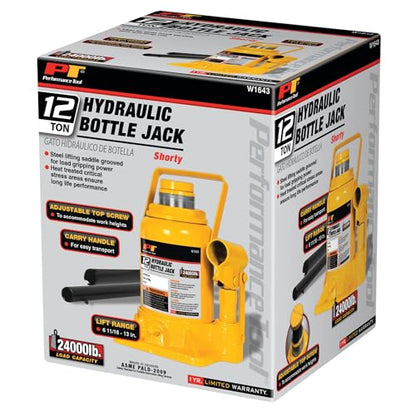Performance Tool W1643 Heavy Duty Shorty Bottle Jack for Vehicle Maintenance, 12 Ton Capacity (24,000 lbs) - size: 12-Ton - Shorty
