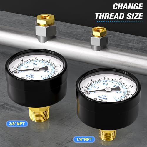 MEANLIN MEASURE 0-15Psi 2" DIAL FACE 1/8" NPT Well Pump Pressure Gauge, with 1/4" NPT and 3/8" NPT Hex Bushing, 3-2-3% Accuracy, Center Back Mount - color: 1/8"NPT Back Mount, size: 0-15Psi