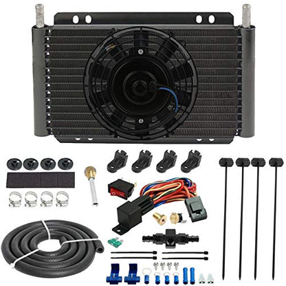 11" Engine Transmission Oil Cooler 6" Inch Electric Cooling Fan & 6AN In-line Hose Thermostat Switch Wiring Kit (190'F On - 175'F Off) - size: 190'F On - 175'F Off