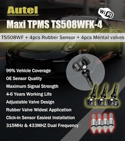 Autel MaxiTPMS TS508WFK-4 TS508WF with 4pcs MX Sensor + 4pcs Metal Valves Upgrade of TS508K TS508 Read Activate Relearn All Known Sensors Detect & Display TPMS System Faults Perform OBDII Relearns
