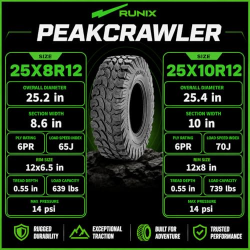 RUNIX ATV UTV Radial Tires, RUNIX PeakCrawler, 25X8R12 Front, 25X10R12 Rear, Set of 4, Radial Tire, All Terrain, 6PR, Tubeless, 25X8-12, 25X10-12 - size: 25X8R12 & 25X10R12