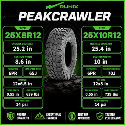 RUNIX ATV UTV Radial Tires, RUNIX PeakCrawler, 25X8R12 Front, 25X10R12 Rear, Set of 4, Radial Tire, All Terrain, 6PR, Tubeless, 25X8-12, 25X10-12 - size: 25X8R12 & 25X10R12