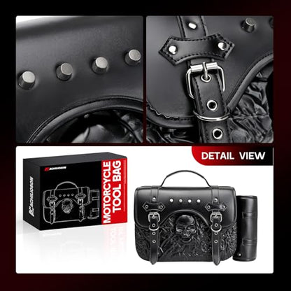 14L Motorcycle Tool Bag 3D Skull Embossed PU Leather Saddlebag with Handlebar Roll Bag, Universal Waterproof Black Motorcycle Side Bags Storage Pouch for Most Motorcycles - style: Skull Pattern Bag Featuring Side Roll-up Pocket