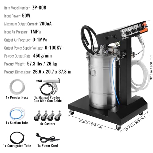 VEVOR Powder Coating System, 50W 100KV Electrostatic Output Machine with 50L Powder Hopper, 450g Per Minute Kit with Spray Gun and Trolley Base, Indoor and Outdoor - size: 500g/min