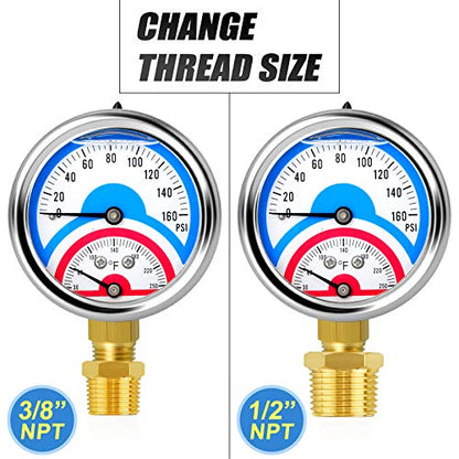 MEANLIN MEASURE 2PCS 0-160Psi Stainless Steel Thermal Pressure Gauge 30-250℉ 1/4" NPT 2.5" FACE DIAL Liquid Filled Pressure Gauge, with 1/2" NPT and 3/8" NPT Hex Bushing, Lower Mount - size: Lower Mount, style: Liquid Filled/2PCS