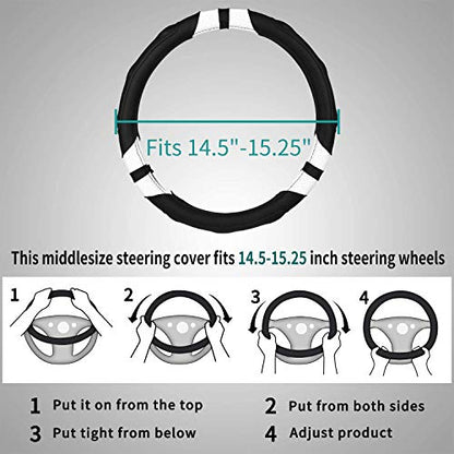 Achiou Steering Wheel Cover 15in Microfiber Leather Anti-Slip Universal - color: Black + White