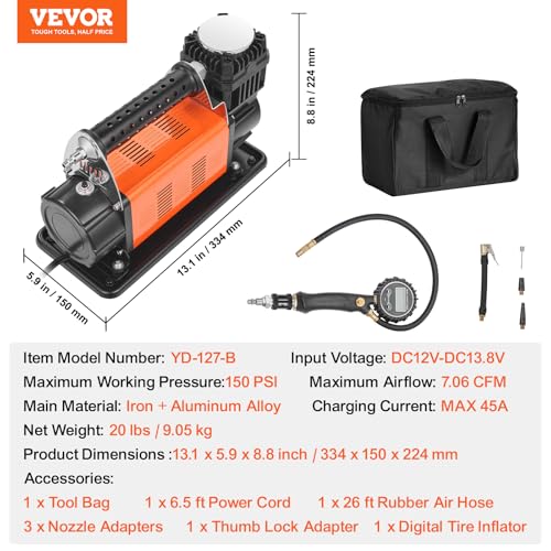 VEVOR 12V Heavy Duty Air Compressor - with Digital Pressure Gauge Tire Inflator Kit, 7.06 CFM Portable Tire Inflator, 150PSI Offroad Air Pump with Adapters for Trucks Car SUV 4 x 4 Vehicle RV - style: 7.06CFM with Digital