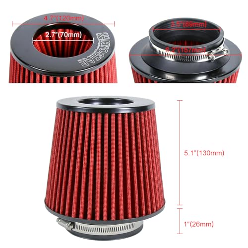 KYOSTAR Universal 3.5" (89mm) High-Flow Air Filter, Reusable Cone Cold Air Intake, High Performance, Washable, Clamp-On Car High Flow Air Kit, Flange Diameter: 3.5 Inch, Filter Height: 6.1 Inch, Red - color: 3.5" (89mm), Red