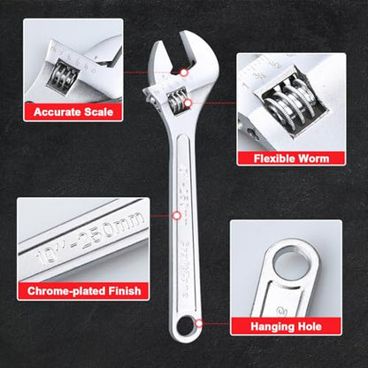 Adjustable Wrench Set, 4pc Wrenches Set with SAE and Metric Scales, Heat-Treated Carbon Steel with Chrome Plated, Wide Jaw Wrenches for Home, Plumbing, Garage (6, 8, 10, 12 Inch) - size: 6-inch, 8-inch, 10-inch, 12-inch