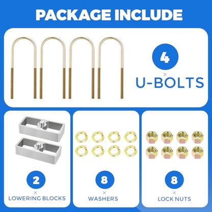 Universal Leaf Spring Lowering Block Kit, 2.5 Inch, 2-1/2" Wide, 5" Long, Zinc-Plated U-Bolts, Premium Steel Construction for Long-Lasting Finish - size: 2.5 Inch