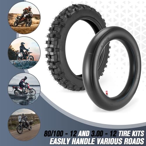 80/100-12 3.00-12 Back Rear Tire and Inner Tube, 80/100-12 Dirt Bike Tire, 12 Inch Rear Dirt Bike Tire compatible with Honda CRF70 XR70 Kawasaki KLX110 Yamaha TTR90 PW80 Pit Bike (90cc 110cc 125cc)