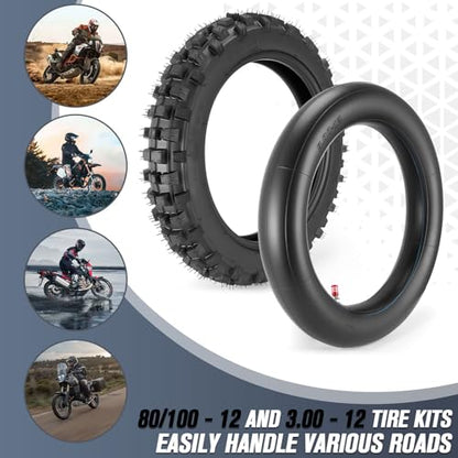 80/100-12 3.00-12 Back Rear Tire and Inner Tube, 80/100-12 Dirt Bike Tire, 12 Inch Rear Dirt Bike Tire compatible with Honda CRF70 XR70 Kawasaki KLX110 Yamaha TTR90 PW80 Pit Bike (90cc 110cc 125cc)