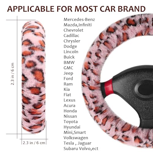 Accmor Fuzzy Steering Wheel Cover, Universal Fit Fur Car Wheel Cover & Handbrake Cover & Gear Shift Cover Set for Women Girls, Leopard Winter Warm Fluffy Vehicle Wheel Protector for Auto, SUV (Pink) - color: Pink/Brown Leopard