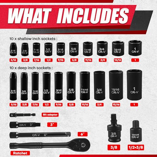 EACELIY 64pcs 3/8" Socket Set,Drive Impact Socket Set, SAE/Metric, Deep & Shallow, Cr-V Steel, 6 Point with Adapters, 72T Ratchet Handle, Extension Bars，Bit Adapter，6-24mm，5/16-1 inch - size: 64 PCS (5/16"-1")