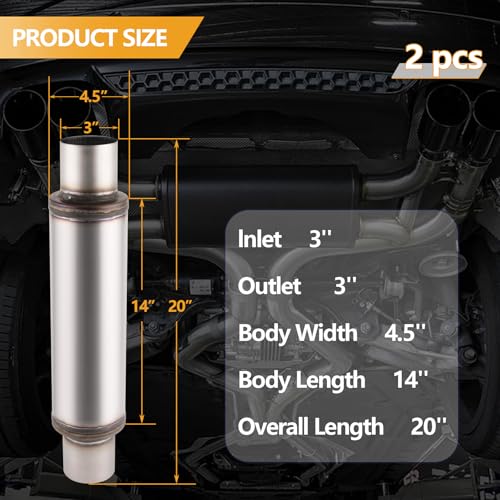 3 Inch Exhaust Muffler, 3" Inlet/Outlet 20" Overall Length Resonator, Stainless Steel Straight Through Design Performance Muffler, 2 PCS - size: 2pcs - 3" Inlet 20" Overall Length(4.5" wide)