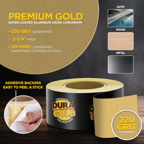Dura-Gold Gold PSA Longboard Sandpaper, 220 Grit, 20 Yard Roll, 2-3/4" Wide - size: 220-Grit