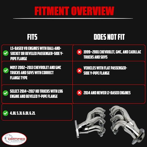 Exhaust Headers 2002–2013 Silverado Sierra Suburban Tahoe Yukon Escalade 4.8L 5.3L 6.0L 6.2L V8 LS Style Engines 304 Stainless Steel Right Side Beveled Flange - size: Bolt On Headers 02-13 Silverado Sierra Tahoe