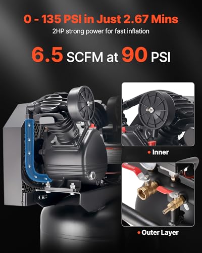 VEVOR 20 Gallons Air Compressor, 2HP 6.5SCFM at 90PSI, Max 135PSI Pressure Oil-Lubricated Air Compressor Tank,Portable on Wheels for Auto Repair,Tire Inflation,Spray Painting,Woodwork Nailing,120V - size: 20 Gallon 135 PSI