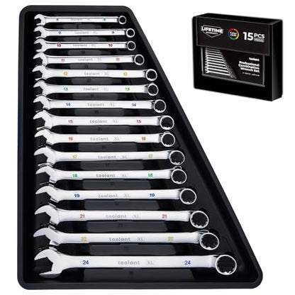 toolant Max Grip 15pcs Professional Metric Combination Wrench Set with Long Pattern Offset Heads Anti-Slip Teeth & Color-Coded Markings for Machinist, Auto, maintenance, DIYer - size: Metric(8-24mm)