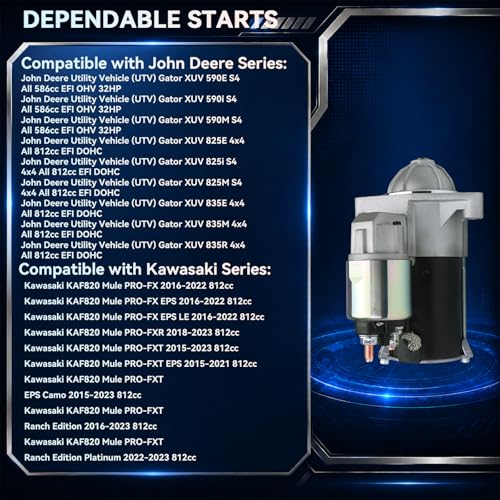 41040024 MIA11732 Starter Motor for 2012-2023 John Deere Gator XUV 590E 590i 590M 825E 825i 825M 835E 835R 835M, 2015-2023 Kawasaki KAF820 Mule PROFX, 12V 9 Teeth CW - size: MIA11732